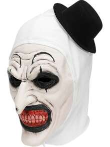 [Maschera da Pagliaccio di Ognissanti] Maschera da pagliaccio in lattice sintetico con cappello, 1 pezzo. Accessorio per costume da horror con testa intera per eventi di case infestate, rappresentazioni teatrali e feste a tema horror. Design sinistro da pagliaccio con dettagli di schizzi di sangue, cappuccio in tessuto bianco con bordi neri