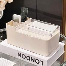 1 pieza Caja de almacenamiento multifuncional de estilo crema para el escritorio, caja de pañuelos con tapa abatible a prueba de polvo con compartimento organizador para control remoto, mantiene el escritorio ordenado, adecuado para el comedor, la cocina, el tocador del dormitorio y la decoración del hogar