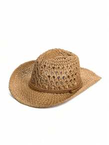 قبعة قش بوهيمية عادية ذات لون واحد مفرغة، قبعة كاوبوي غربية، تصميم بسيط وعملي، مقاومة للرياح بنظام ربط، مناسبة للجنسين وجميع المواسم