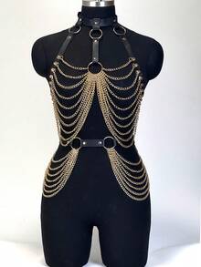 Set de 2 arneses de Body completo sexy para mujer con cadenas, cinturón de cintura de piel de PU, accesorio de estilo punk gótico, adecuado para citas diarias - Dorado - Ver 7