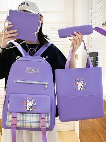 Set de 4 piezas: Mochila minimalista, bolso de mano, bolso cruzado mini, estuche de papelería, hecho de poliéster, adecuado para estudiantes universitarios, mujeres, estudiantes de secundaria y preparatoria, estudiantes universitarios de primer a último año, profesores universitarios, excelente para uso al aire libre, viajes y regreso a clases