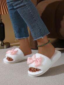 女士蝴蝶结露趾拖鞋,舒适室内家居鞋,轻便防滑,适合春季、秋季及所有季节 - 白粉紅色 - 查看 5