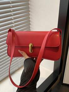 Fashionable, Minimalist, Casual PU Flap Underarm Bag. Suitable For Shopping, Wallet, Student, Young Women, Career Women. Ideal For Office, University, Work, Business, Commuting, Outdoor Activities, Travel And Picnic. Vintage Faux Oilskin Flap Decor Women's Shoulder Underarm Bag, Suitable For Dates, Outings, Gatherings - Red - View 11