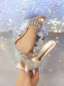 Spring/Summer Women's High Heels Clear Pointed Toe Sandals Comfortable Glitter Rhinestone Decoration Suitable For Parties And Gatherings Valentines - Champagne - View 10