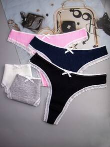 5pcs Women's Multicolor Ribbed High Elasticity Cute Bow Sexy Lace Trim Thong Panties - Multicolor - View 4