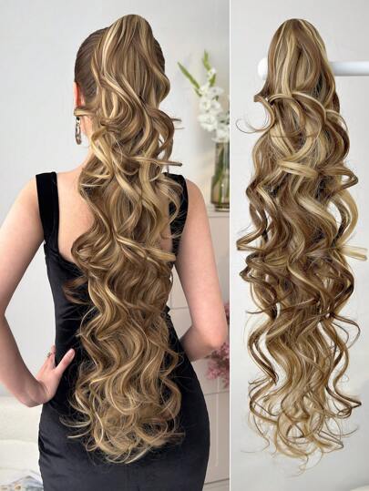 Extensión de cabello sintético resistente al calor con ondas en forma de cola de caballo de 32 pulgadas de largo, rizado y ondulado, para mujeres, color rubio con marrón