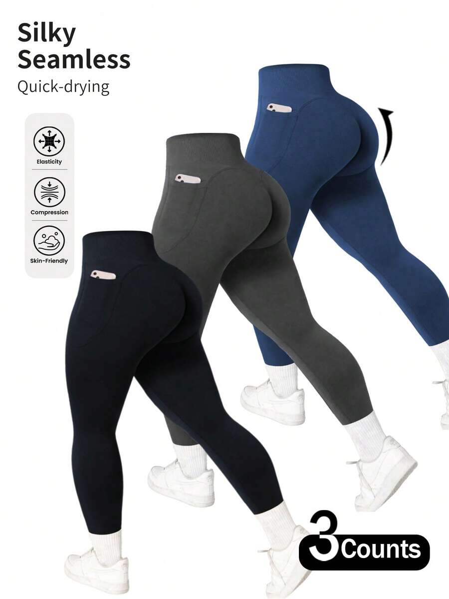 Three-Piece Set Of Plus-Size Women's High-Waisted Yoga Pants With Side Pockets, High-Elastic Belt, Abdominal Control, Anti-Squat, Quick-Drying Compression Leggings, Suitable For Pilates Workouts In The Gym - 黑色+灰色+藍色 - 查看 1