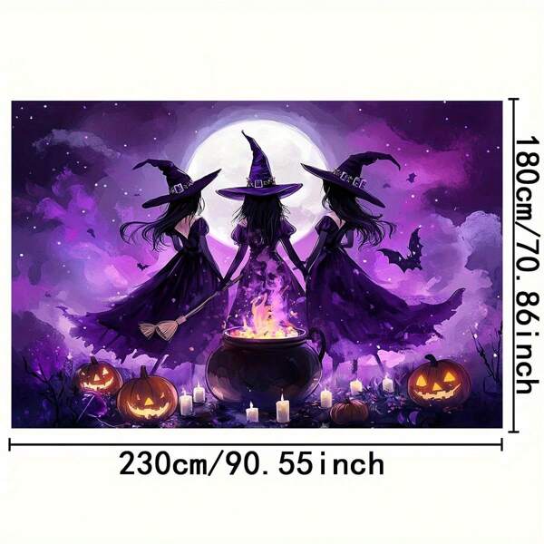 2D1pc Halloween-achtergrond - 3 heksen, ketel en pompoenpatroon, mysterieus paars maanverlicht ontwerp, polyesterstof, decoratie voor binnen-/buitenfeesten/verjaardagen/vakanties, geen stroom nodig, Halloween-themafeestbenodigdheden, levendig printontwerp