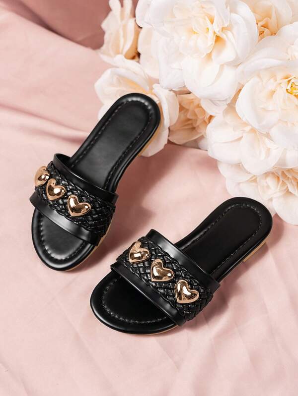 Children's Heart Decor Solid Color PU Leather Comfortable Fashion Round Toe Flat Slippers, Elegant For Holiday, Beach, Outdoor Wear, Suitable For Summer