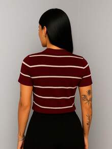 Women's Striped Short Sleeve Basic Cotton Blouse - 條紋套裝 2 1 瑪薩拉色 1 海軍藍 - 查看 6