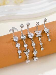 5pcs Stainless Steel Curved Barbell Navel Rings Set, Fashionable Classic Charm Women's Butterfly Heart Zirconia Inlaid Pendant Belly Button Piercing Jewelry, Suitable For Daily Wear And Holiday Gifts - Butterfly Heart Shaped Five-pointed Star - View 4