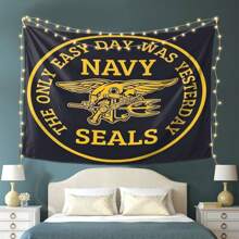 Navy SEALs Tapestry Wall Hanging - Bold Yellow Text & Emblem On Black Background, Peach Light Beige Polyester Fabric, Horizontal Home Decor For Bedroom, Living Room, Office - Military Pride Gift For Service Members & Veterans, Patriotic Design, Highquality Print, Patriotic Gifts, Bedroom Decoration, Premium Fabric, Armed Forces Fans