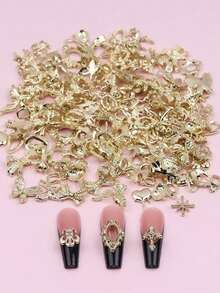 50件装金/银金属美甲装饰品，3D合金美甲水钻，金属蝴蝶结美甲配件，美甲用品，多种款式可选 - 金色 - 查看 1