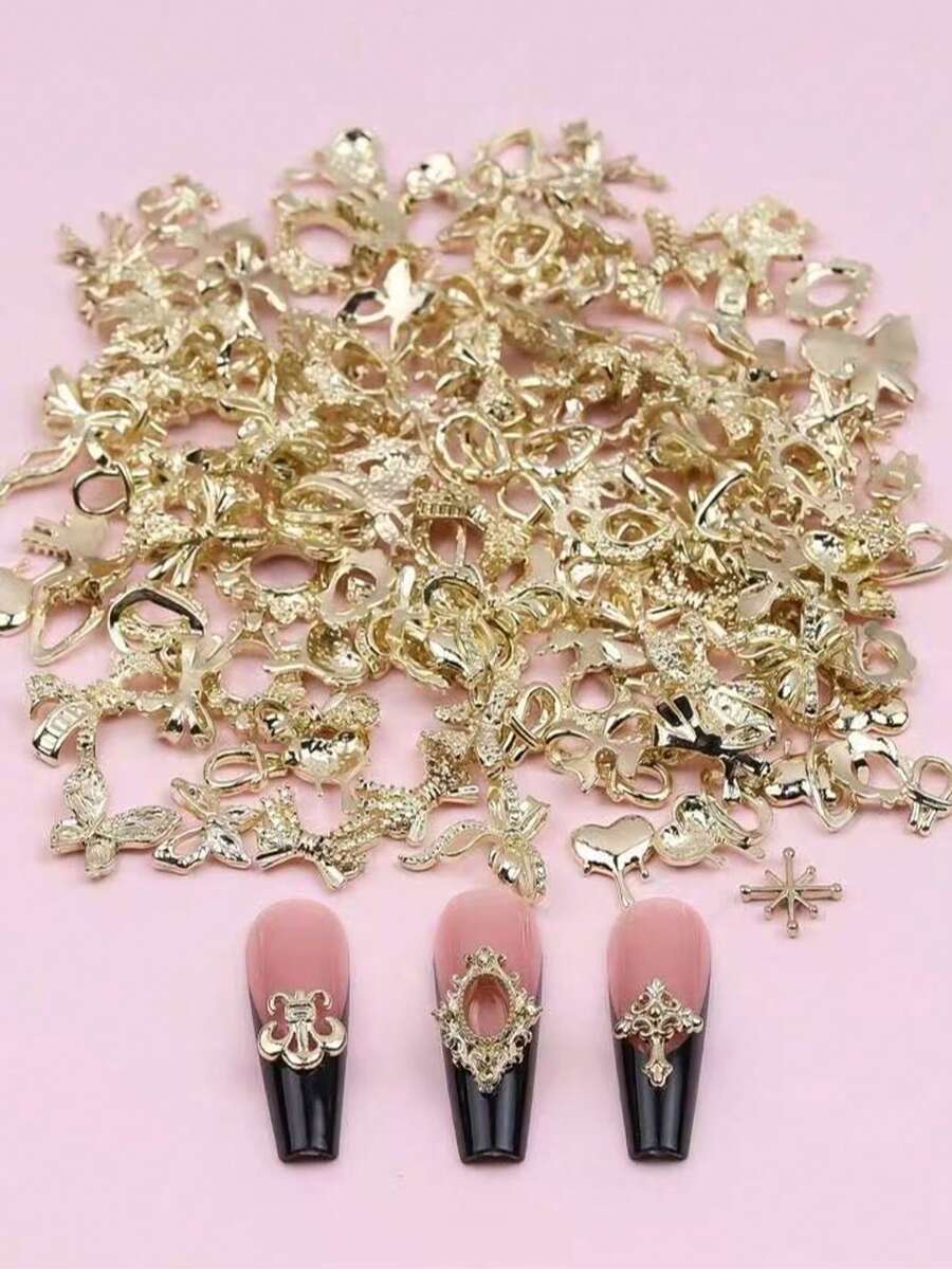 50件装金/银金属美甲装饰品,3D合金美甲水钻,金属蝴蝶结美甲配件,美甲用品,多种款式可选 - 金色 - 查看 1