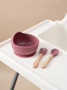 3件套个性化定制名字和图案婴儿硅胶吸盘碗木柄叉勺定制餐具套装适用于婴幼儿餐具