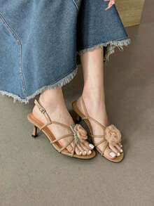 Sandalias mujeres zapatos de flores retro franceses con camelia en los tacones finos con hada suave tacones de gato, Sandalias de tacón para mujer - Albaricoque - Ver 2