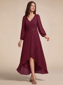 Elegant V Neck Long Sleeves Waist Embroidered Mother Of The Bride Dresses Midi Dresses