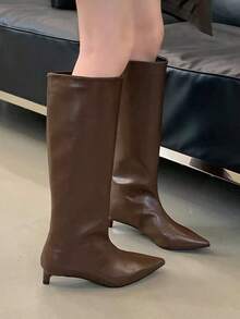 Bốt cao đến đùi mũi nhọn phong cách blogger Pháp mùa thu/đông, bốt cưỡi ngựa gót mèo Nordic Ins dành cho nữ, bốt gót mèo, dự tiệc - màu nâu - Xem 3