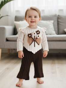 Toddler Girl Fall Outfits Crochet Flower Long Sleeve Round Neck Pullover + Elastic Waist Ribbed Flare Pants 2 Pcs Set