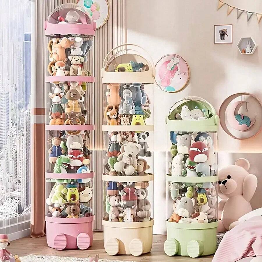 Senmeo 1 Piece 51.18-Inch Plush Toy Storage Bucket With Transparent Window Design, Convenient Opening, Layered Storage, Suitable For Children's Room, Living Room And Bedroom Use, Multi-Layer Structure Plush Toy Storage Tube - 乳白色 - 查看 1