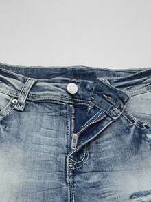 女式休闲弹力纯色做旧牛仔短裤，带口袋和刺绣花朵，春夏 - 淺色水洗藍 - 查看 7