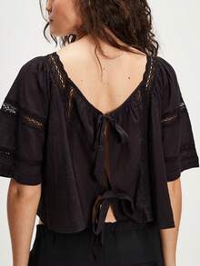 Women Open Back Bow Tie Up Tank Tops Short Sleeve Sheer Lace Patchwork Flowy Peasant Blouse Coquette Backless Beach Cardigan Shirts Y2k Teen Girls Aesthetic Babydoll Peplum Top - Black - View 1