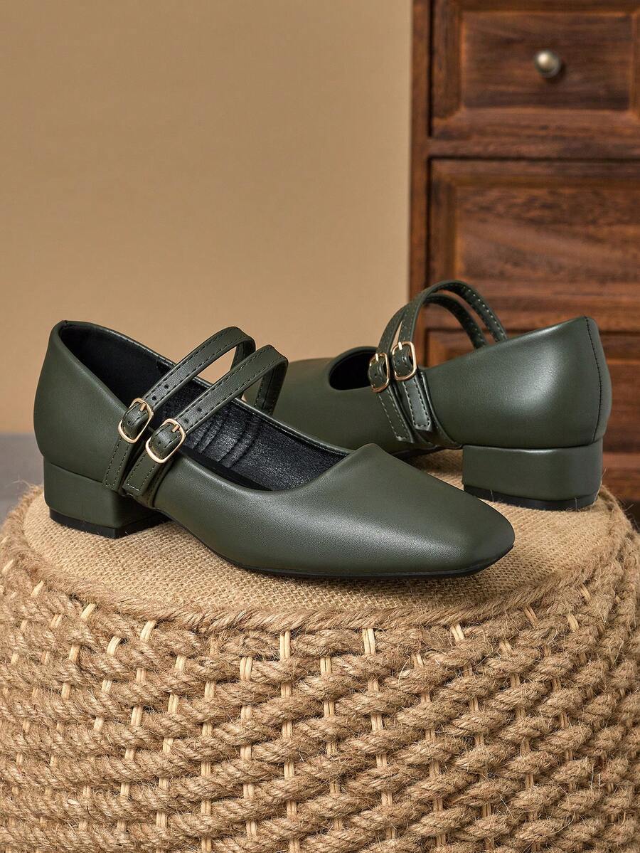 MonaNise 女士3厘米布面包跟黑色时尚百搭玛丽珍低跟粗跟优雅平底鞋，另有藏蓝色、咖啡色、酒红色可选 - 軍綠色 - 查看 1