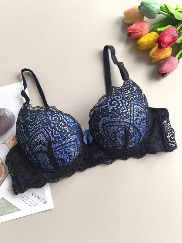 French Lace Contrast Color Sexy Women Bra, Padded Push Up Deep V Comfortable Ladies Underwear