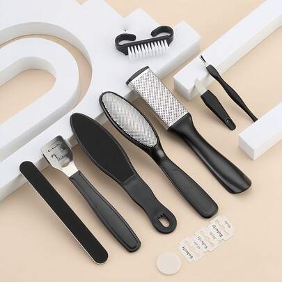 10/8件套黑色/蓝色/黄色不锈钢足部锉刀去茧器修脚工具足部护理套装