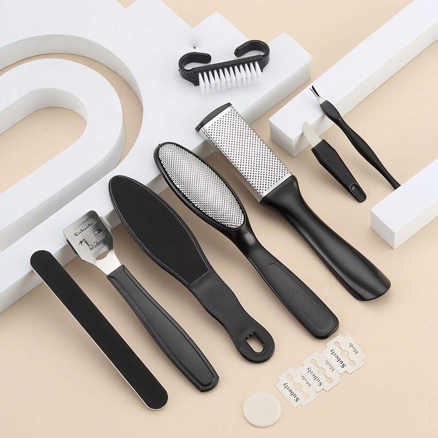 10/8件套黑色/蓝色/黄色不锈钢足部锉刀去茧器修脚工具足部护理套装 - 黑色 - 查看 1