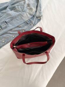 中号手提包和单肩包，女士 PU 皮革钱包，顶部提手（32 * 25 * 14 厘米）（中号） - 酒紅色 - 查看 10