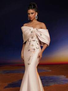 Elisanya Đầm dạ hội dài đuôi cá hở vai đính hoa đính sequin sang trọng Anymoon - Rượu sâm banh - Xem 5