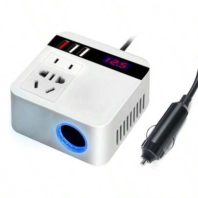 White Car Power Inverter DC 12V To 110V Adapter Charger Outlets 120W, 3 USB Ports Vehicle Charger