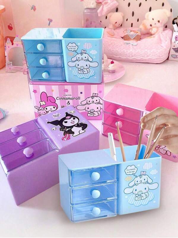 Sanrio 1 قطعة منظم مكتب كارتوني كورومي سينامورول ميلودي مع أدراج، سعة كبيرة لتخزين القرطاسية والمستحضرات التجميلية والمنزلية، تصميم محمول مثالي لمستلزمات المكتب والدراسة ومستحضرات التجميل