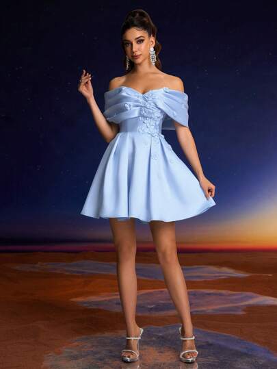 Vestido Elegante Anymoon com Corpete Plissado e Decoração Floral 3D, Vestido de Festa, Adequado para Bailes Formais, Formaturas, Homecomings, Festas e Eventos de Casamento