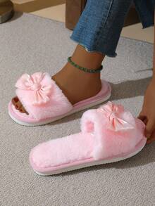 Zapatillas de mujer con lazo y punta abierta, cómodas zapatillas para casa, ligeras, antideslizantes, adecuadas para primavera, otoño y todas las estaciones. - Rosa - Ver 6
