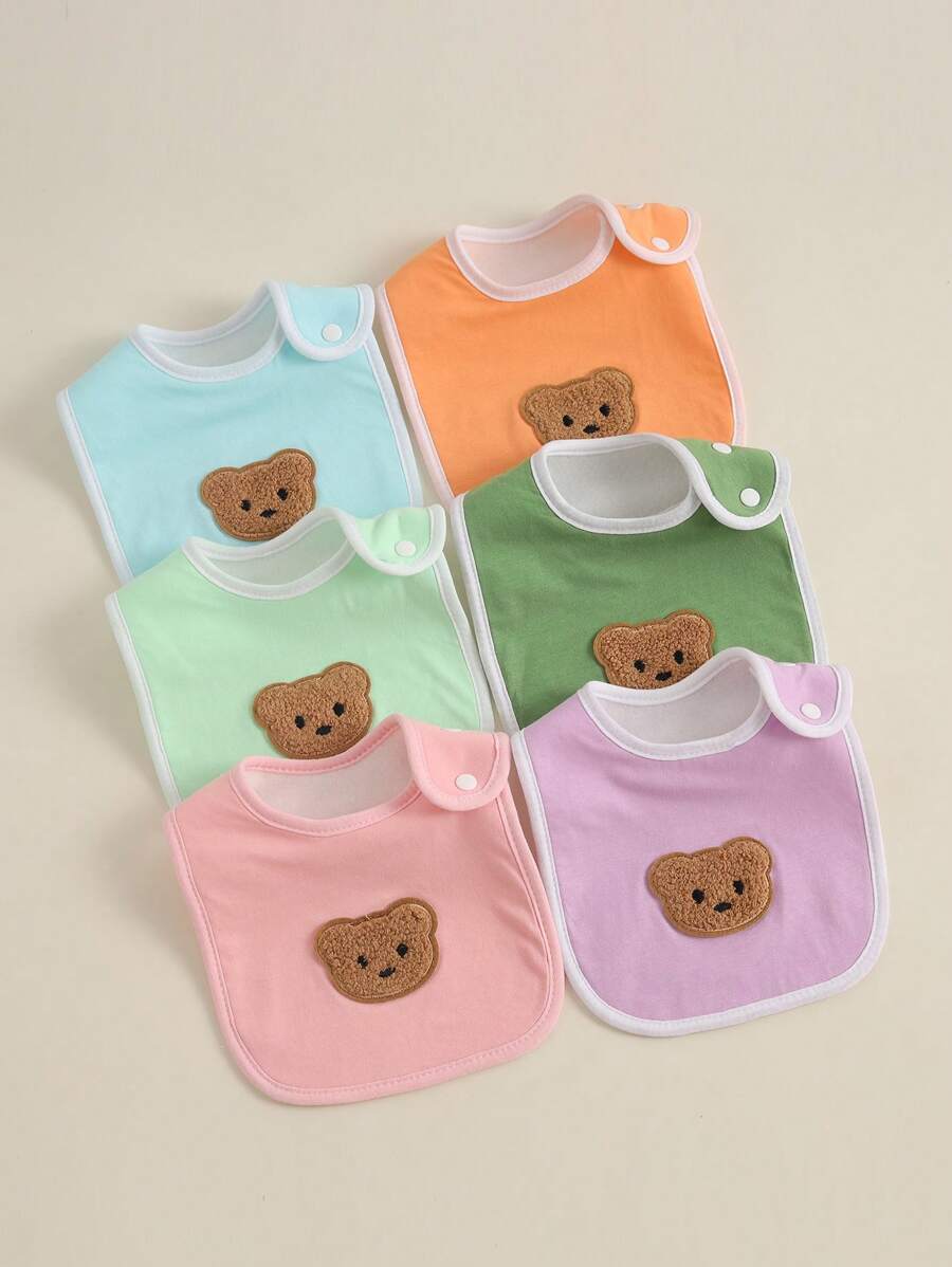6pcs/Set Solid Color Baby Cotton Bibs, Soft Absorbent Small Bear Drool Bibs, Breathable - Multicolor 01 - View 1