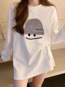 女士宽松卡通印花长袖棉质T恤，百搭春秋装