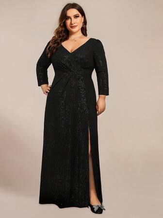 Plus Size Women Elegant Glitter Slit Dress