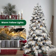 Snowflake Flocked Artificial Christmas Tree, Equipped With Warm White LED Light Strip And Metal Base, The Leaves Are Made Of Fireproof Material And Are Reusable. It Comes In 4 Sizes (5 Ft / 6 Ft / 7 Ft / 8 Ft), Christmas Decorations And The Best Birthday Gifts