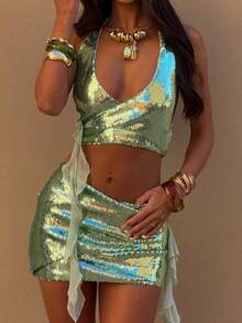 2 Piece Sets For Women Summer Y2k Sequin Outfits Solid Color Ruffle Trim Sets Sleeveless Deep U Neck Open Back Tie Up Halter Tops And Low Waist Slim Fit Mini Skirts Set Beach Club Clothes Daily Clothes Streetwear Aesthetic Clothes - màu xanh lá - Xem 1