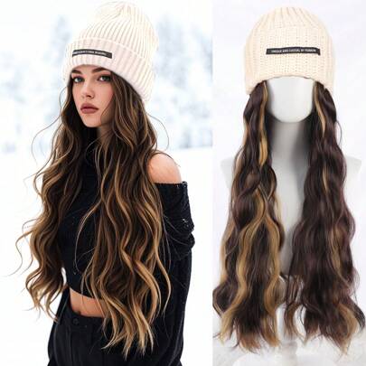 Parrucca sintetica dritta, ondulata e riccia da 22 pollici con berretto in maglia elasticizzato - Parrucca-berretto in fibra resistente al calore, 100% di densità, aspetto naturale per uso quotidiano, stile basic