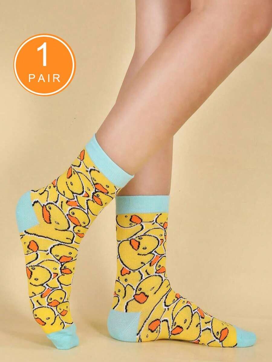 1双黄色水手袜，鸭子图案，休闲中筒袜，适合运动、休闲外出、返校季以及作为圣诞礼物。 - 彩色 - 查看 1
