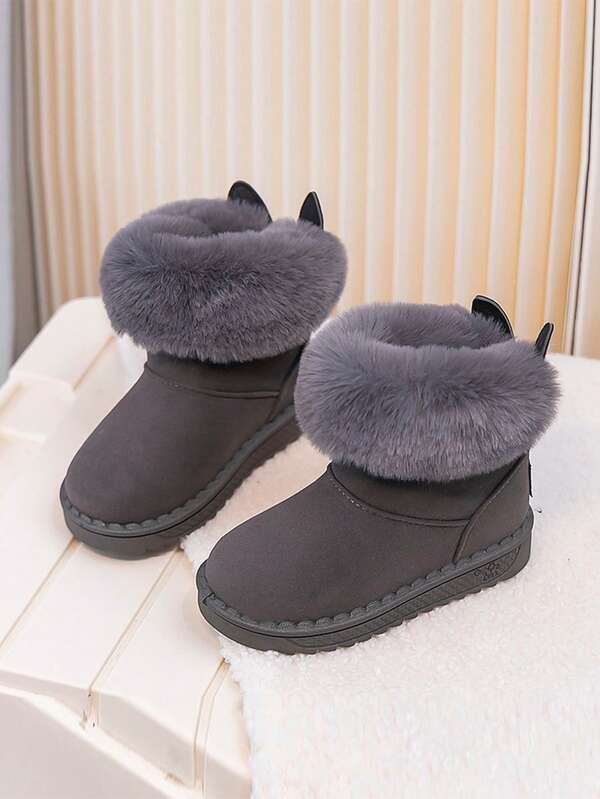 1 par de botas de neve infantis com orelhas de coelho, botas de inverno de peça única com forro térmico sintético para meninas, botas curtas de pelúcia quentes