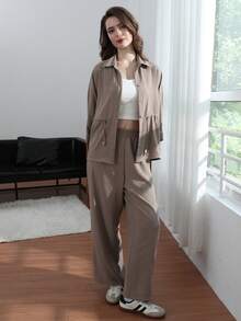 HH 女士裤子套装纯色七分袖翻领抽绳设计休闲宽松上衣+松紧腰阔腿长裤
