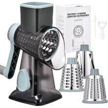 3-In-1 Rotary Food Processor - Manual Cheese Grater & Vegetable Slicer Set With Interchangeable Blades, Professional Grade For Kitchen/Restaurant, Effortless Shredding For Hard Cheese, Nuts, Chocolate Blocks - GreyBlue - View 1