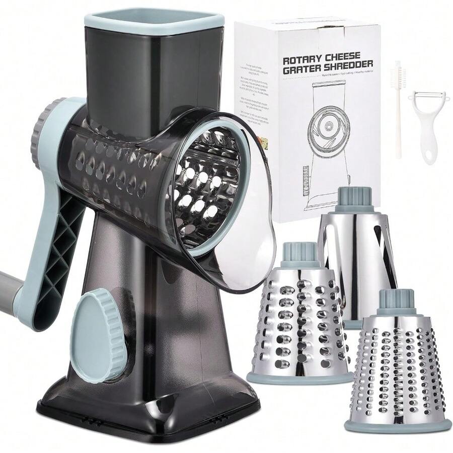 3-In-1 Rotary Food Processor - Manual Cheese Grater & Vegetable Slicer Set With Interchangeable Blades, Professional Grade For Kitchen/Restaurant, Effortless Shredding For Hard Cheese, Nuts, Chocolate Blocks - GreyBlue - View 1