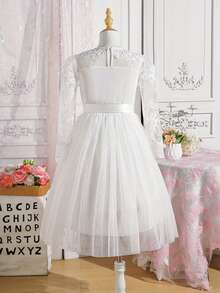 Princess Dress For Girls  Lace  Mesh Long Sleeve Top + Belt  Elegant Toddler Formal Party, Playtime  Special Occasion Outfit 5T-13T - Cute - trắng - Xem 2