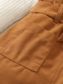 4pcs Girls Autumn Maillard Color New Cute 3D Flower Decor Long Sleeve Small Stand Collar Apricot T-Shirt Top And Corduroy Button Full Front Opening V-Neck Sleeveless Vest Dress And Brown Hat And Belt Back To School - Brown - View 9