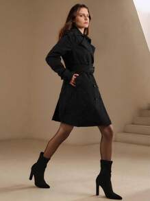 女士中长款口袋夹克，专为春秋季通勤而设计 - 黑色 - 查看 4